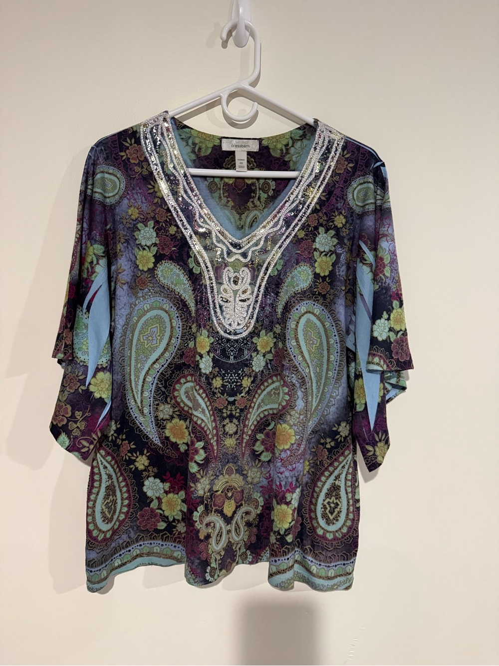 Dress Barn Blue and Purple Paisley V-Neck Tunic with Beaded Trim